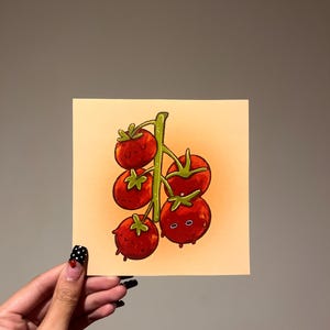 Impression d'art kawaii tomate vigne | Illustration de nourriture mignonne pour la décoration de cuisine | Décoration murale fantaisiste de fruits et légumes
