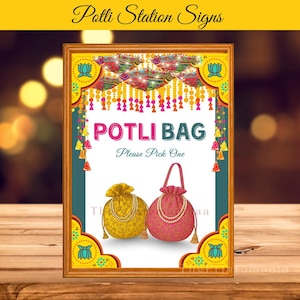 Op de afbeelding: Een ingelijst bord met de tekst "Potli Bag Please Pick One". Het bord toont illustraties van twee potli-tassen, een gouden en een roze, met decoratieve elementen en een gele rand.