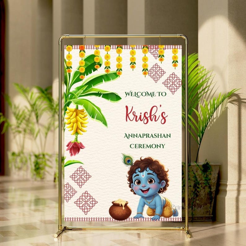 Editable Photo Annaprasana Welcome Sign as Pasni Ceremony Welcome Sign, Annaprashan Decoration Poster, Rice Feeding Welcome Sign, DIGITAL, First Feeding Ceremony, Pasni Welcome Sign, Annaprashan Welcome Signs, Annaprashan Signs, Traditional Theme, Mukhe Bhat Ceremony Decor, First Feeding Ceremony Entrance Signboard, Krishna Theme