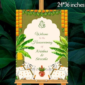 Puede incluir: Un letrero de bienvenida para una inauguración de casa, de 61 x 91 cm, presenta un diseño verde y crema con ilustraciones florales y de vacas. El letrero dice "Bienvenida a la inauguración de Krishna & Sireesha."