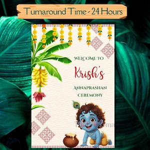 Editable Photo Annaprasana Welcome Sign as Pasni Ceremony Welcome Sign, Annaprashan Decoration Poster, Rice Feeding Welcome Sign, DIGITAL, First Feeding Ceremony, Pasni Welcome Sign, Annaprashan Welcome Signs, Annaprashan Signs, Traditional Theme, Mukhe Bhat Ceremony Decor, First Feeding Ceremony Entrance Signboard, Krishna Theme