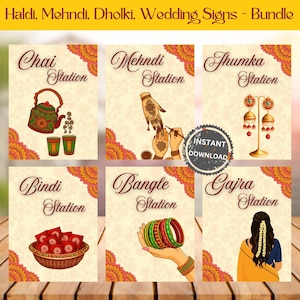 Może przedstawiać: Zestaw sześciu znaków weselnych z tekstem "Haldi, Mehndi, Dholki, Wedding Signs - Bundle". Każdy znak zawiera ilustracje i słowa "Chai Station", "Mehndi Station", "Jhumka Station", "Bindi Station", "Bangle Station" i "Gajra Station".