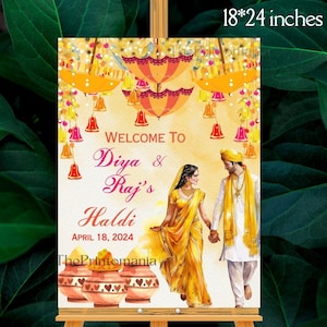 Panneau indien Haldi, panneau de bienvenue de cérémonie haldi hindoue, affiche de bienvenue indienne haldi, déco haldi, décoration de cérémonie Pithi en signe Holud