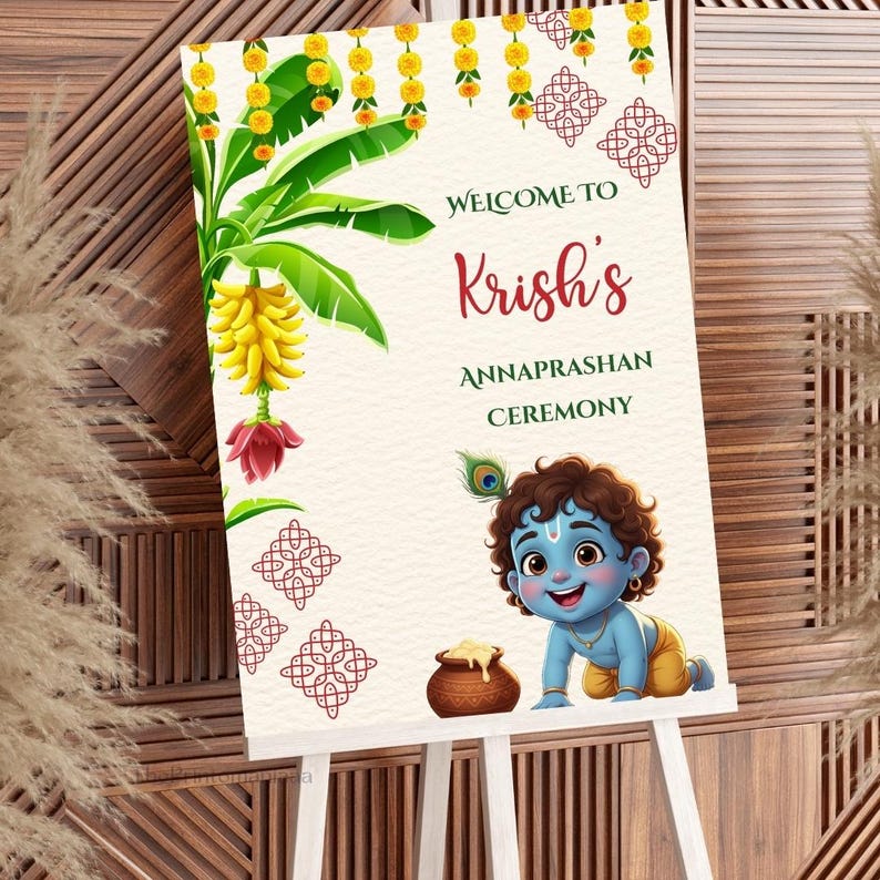 Editable Photo Annaprasana Welcome Sign as Pasni Ceremony Welcome Sign, Annaprashan Decoration Poster, Rice Feeding Welcome Sign, DIGITAL, First Feeding Ceremony, Pasni Welcome Sign, Annaprashan Welcome Signs, Annaprashan Signs, Traditional Theme, Mukhe Bhat Ceremony Decor, First Feeding Ceremony Entrance Signboard, Krishna Theme