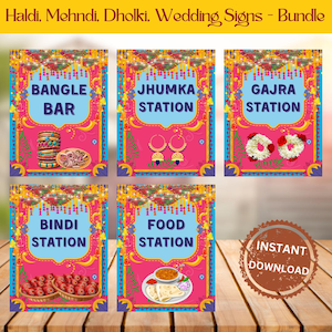 Pack of 5 Station Signs, Wedding Station Signs, Haldi Decorations, Mehndi & Dholki Night Signs, Indian Wedding Signs, Jhumka, Bangle, Bindi