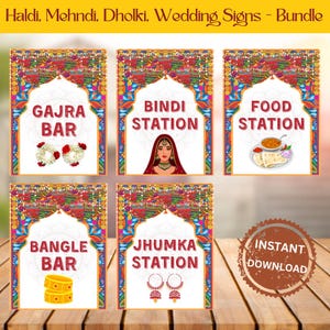 Pack of 5 Station Signs, Wedding Station Signs, Haldi Decor, Mehndi & Dholki Night Signs, Indian Wedding Signboards, Jhumka, Bangle, Bindi