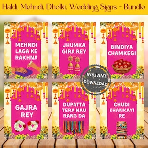Pack of 6 Station Signs, Wedding Station Signs, Haldi Decorations, Mehndi & Dholki Night Signs, Indian Wedding Signs, Jhumka, Bangle, Bindi