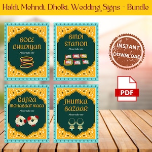 Pack of 4 Station Signs, Pakistani Wedding Station Signs, Haldi, Mehndi & Dholki Night Signs, Indian Wedding Sign, Jhumka Bangle Bindi Gajra
