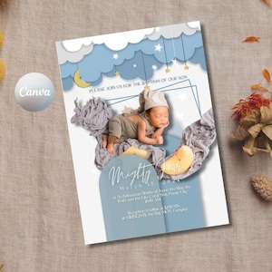 Invitación digital de bautizo de Luna y Estrella para niños, plantilla de bautizo de niño, invitación de bautizo editable con Evite, invitación con foto para bautizo por teléfono