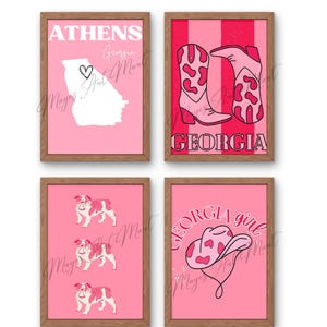 UGA Pink Wall Art Set - University of Georgia Dorm Decor, 4 Prints, Digital Download