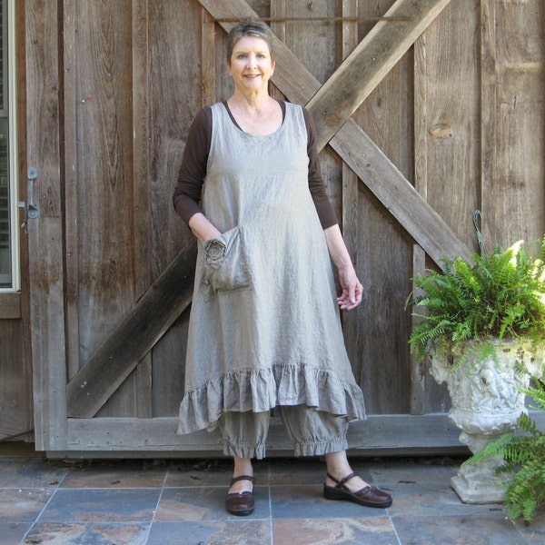 linen jumper pinafore apron dress in cocoa brown/natural stripe ready to ship