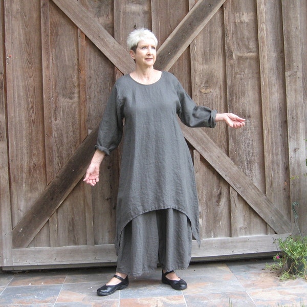 linen dress  tunic in charcoal grey contemporary Ethnic ready to ship