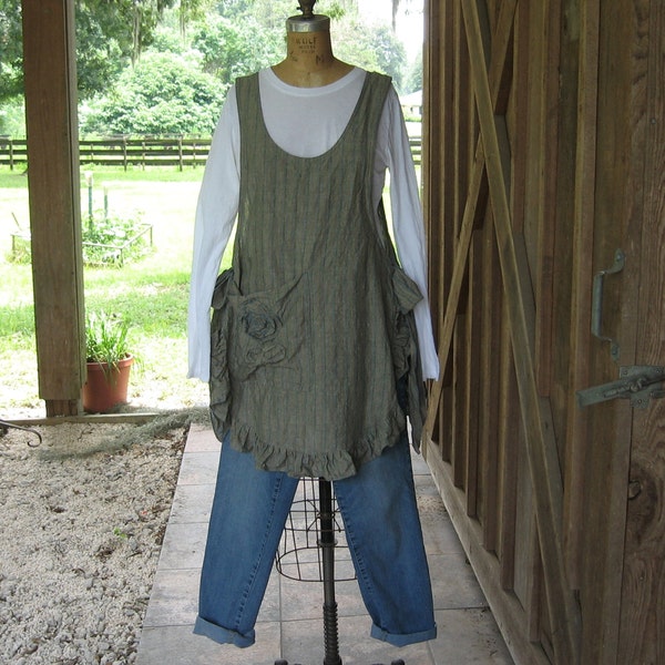 linen jumper pinafore apron dress tunic smock in blue stripe ready to ship