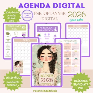 Puede incluir: Agenda digital para 2026 con estilo boho. La imagen muestra varias páginas de planificador digital, incluyendo vistas mensuales, semanales y diarias. La portada presenta una ilustración de una mujer con flores. La agenda está en español.