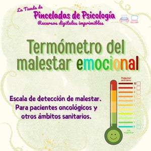 Puede incluir: Gráfico imprimible digital con el texto "Termómetro del malestar emocional" y un termómetro. La escala del termómetro va de "Sin malestar" a "Malestar extremo". El gráfico está diseñado para pacientes oncológicos y otros ámbitos sanitarios.