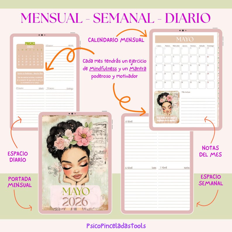 May include: A digital planner layout featuring monthly, weekly, and daily views with pink accents. The cover displays an illustration of a person with flowers in their hair and the text MAYO 2026. Includes sections for mindfulness exercises, mantras, and notes.