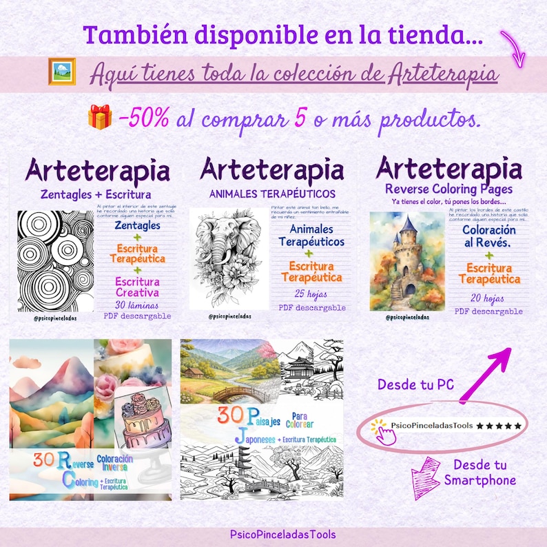 May include: A digital art therapy collection featuring printable PDF pages with Zentangles, therapeutic animal illustrations, reverse coloring pages, and Japanese landscapes. Includes text labels for each section and a PsicoPinceladasTools logo.