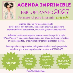 May include: A digital printable 2027 planner titled PSICOPLANNER 2027 in A5 format. The graphic features an illustration of a person with dark hair and a denim jacket, with text in Spanish detailing 215 pages, monthly, weekly, and daily layouts.