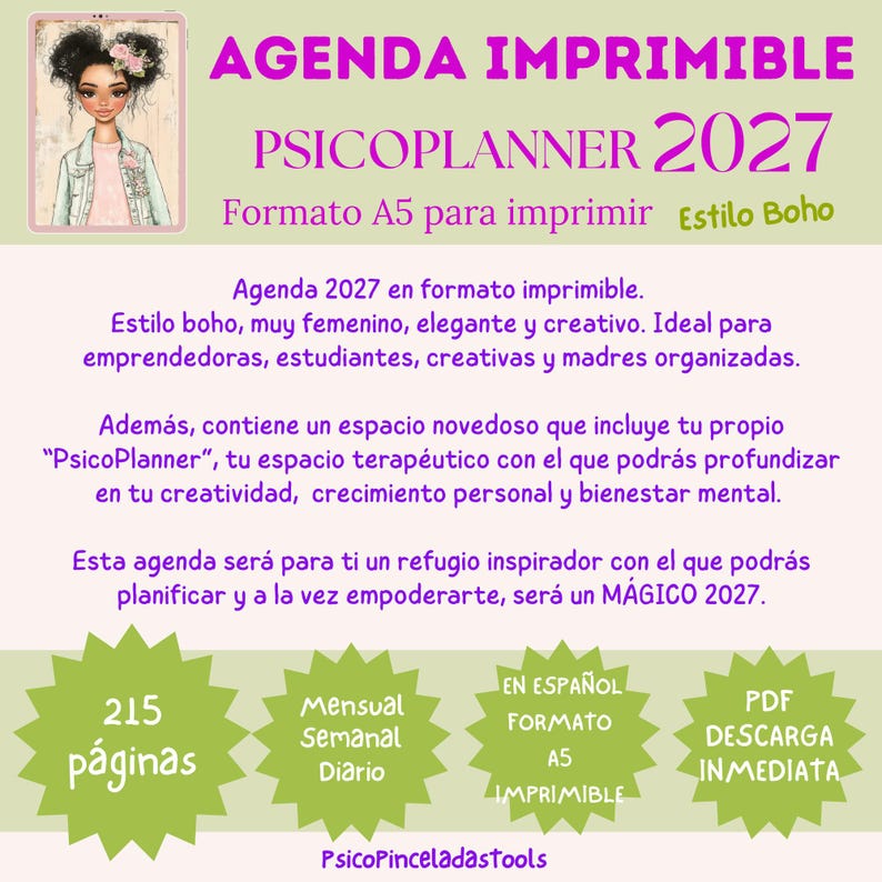 May include: A digital printable 2027 planner titled PSICOPLANNER 2027 in A5 format. The graphic features an illustration of a person with dark hair and a denim jacket, with text in Spanish detailing 215 pages, monthly, weekly, and daily layouts.