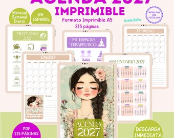 May include: A 2027 printable planner set featuring multiple page layouts including monthly calendars, therapeutic space trackers, and goal planning sheets. The cover displays an illustration of a person with dark braided hair and flowers.
