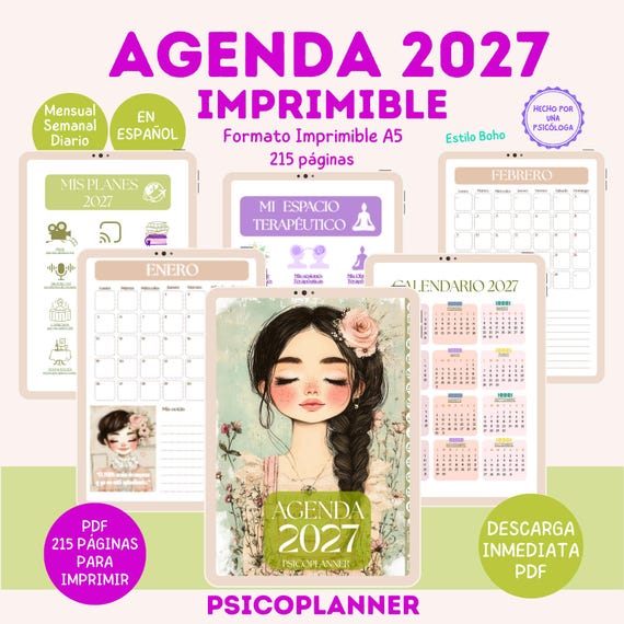 Agenda 2027 imprimible en Español | Planner pdf descargable en A5 | Secciones Creativas: Mindfulness, Planners, Afirmaciones | Boho Style