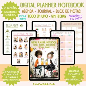 Puede incluir: Cuaderno de planificación digital con plantillas de agenda, diario y toma de notas. La imagen muestra varias tabletas que muestran páginas de planificación, incluidas portadas mensuales y diseños de planificación anual. El diseño está inspirado en el estilo bohemio.