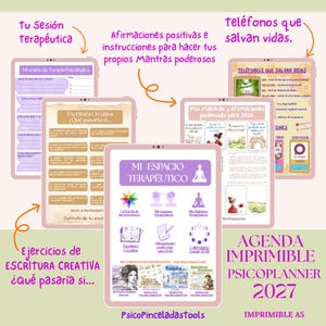 May include: A digital planner set titled PsicoPlanner 2027 featuring multiple pages with purple and beige themes. Pages include therapeutic session logs, creative writing prompts, positive affirmations, and a list of emergency phone numbers.