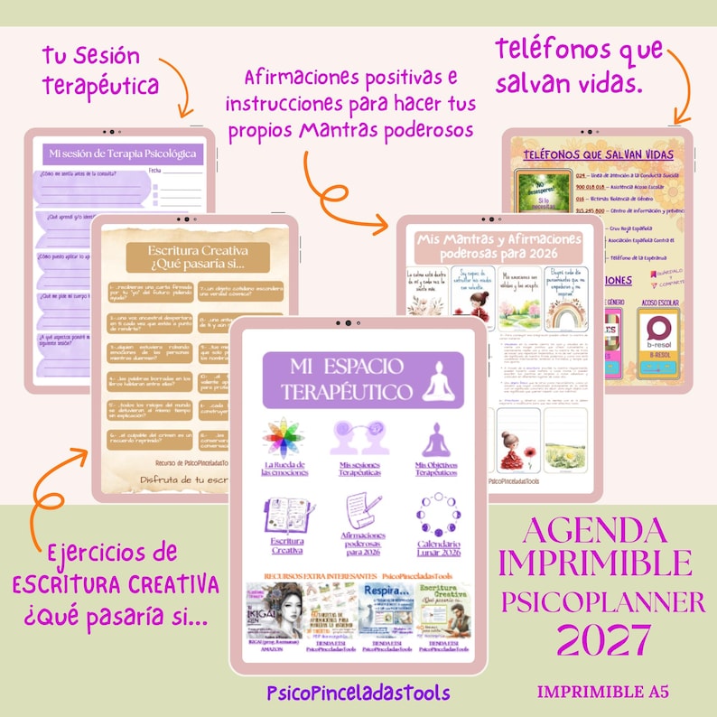 May include: A digital planner set titled PsicoPlanner 2027 featuring multiple pages with purple and beige themes. Pages include therapeutic session logs, creative writing prompts, positive affirmations, and a list of emergency phone numbers.