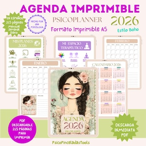 May include: A digital printable agenda for 2026, featuring a boho style. The design includes a portrait of a woman with a flower in her hair, and various calendar pages. The text includes "Agenda 2026" and "Psicoplanner". The agenda is in Spanish.