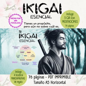 Puede incluir: Una impresión digital titulada "IKIGAI ESENCIAL" con una ilustración de estilo japonés de un hombre con una espada. El diseño incluye texto en español, un diagrama y la frase "Incluye 3 QR con meditaciones, 76 páginas."