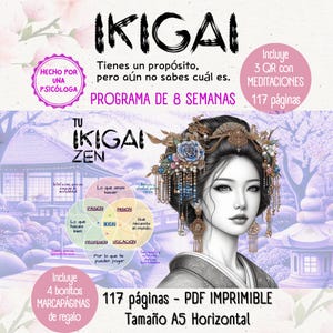 Puede incluir: Una impresión digital titulada "IKIGAI" que presenta a una mujer con un tocado adornado. La imagen incluye texto en español, como "Programa de 8 Semanas" y "117 páginas". También incluye un diagrama y las palabras "IKIGAI ZEN".