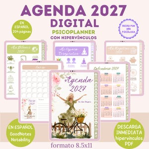 May include: A digital 2027 planner in 8.5x11 format featuring 204 pages in Spanish. The interface includes hyperlinks, monthly calendars, and therapeutic sections. The cover displays an illustration of a person with a bicycle and flowers.