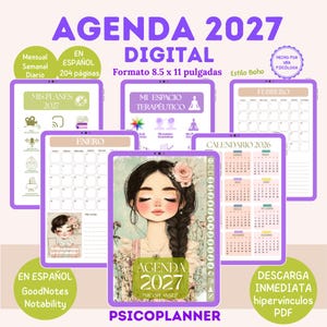 May include: A digital 2027 planner in Spanish with an 8.5 x 11 inch format. The planner features monthly and weekly layouts, therapeutic space sections, and a cover illustration of a person with a braid and flower. Includes hyperlinks for PDF use.