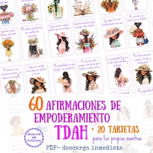 Puede incluir: Un conjunto de 80 tarjetas de afirmaciones para el empoderamiento, incluyendo 60 afirmaciones para TDAH y 20 tarjetas para mantras personales. Cada tarjeta presenta ilustraciones en acuarela de mujeres con citas inspiradoras. Disponible como descarga PDF.