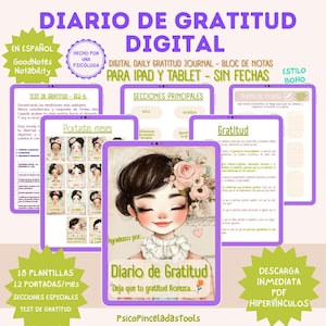 Puede incluir: Diario de gratitud digital para iPad y tableta. El diario presenta un estilo boho e incluye secciones de gratitud, portadas mensuales y secciones especiales. La portada presenta una mujer con flores y el texto "Diario de Gratitud".
