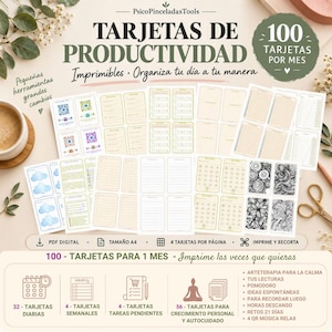 Könnte beinhalten: Ein Set aus druckbaren Produktivitätskarten mit dem Titel TARJETAS DE PRODUCTIVIDAD, das 100 Karten pro Monat umfasst. Die Sammlung enthält Vorlagen für tägliche, wöchentliche und Aufgaben-Tracker, Karten zur Selbstentwicklung und schwarz-weiße Blumenmuster.