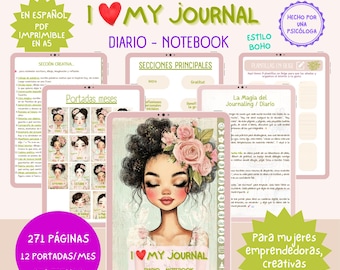 Puede incluir: Un diario digital imprimible en formato A5 con 271 páginas y 12 portadas mensuales. La portada muestra la ilustración de una persona con cabello oscuro adornado con rosas rosadas. El texto incluye "JOURNAL IMPRIMIBLE," "I LOVE MY JOURNAL," y "DIARIO - NOTEBOOK."