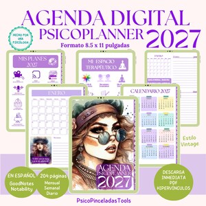 Puede incluir: Una agenda digital titulada Agenda Digital Psicoplanner 2027 en formato de 8.5 x 11 pulgadas. Incluye múltiples diseños de página, como calendarios mensuales, secciones de espacio terapéutico y páginas de planificación con acentos morados.