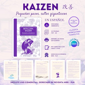 Può includere: Un diario digitale Kaizen in spagnolo con una copertina floreale viola e bianca e l'illustrazione di una geisha. Il set include 42 pagine PDF A4, modelli modificabili in Canva e diritti di rivendita commerciale, con cinque anteprime interne.