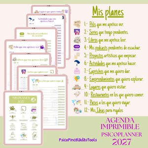 May include: A 2027 printable planner titled Mis Planes featuring twelve categories including movies, series, books, podcasts, projects, activities, treats, ventures, places, restaurants, countries, and gift ideas with icons and checklists.