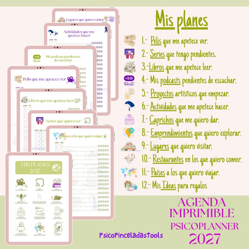 May include: A 2027 printable planner titled Mis Planes featuring twelve categories including movies, series, books, podcasts, projects, activities, treats, ventures, places, restaurants, countries, and gift ideas with icons and checklists.
