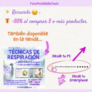 May include: A digital document titled T&Eacute;CNICAS DE RESPIRACI&Oacute;N featuring mindfulness exercises, two QR codes for meditations, and 41 pages in A4 format. The graphic includes illustrations of a person meditating and text in Spanish.