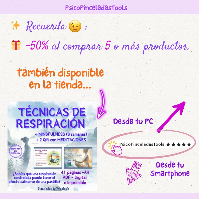 May include: A digital document titled T&Eacute;CNICAS DE RESPIRACI&Oacute;N featuring mindfulness exercises, two QR codes for meditations, and 41 pages in A4 format. The graphic includes illustrations of a person meditating and text in Spanish.