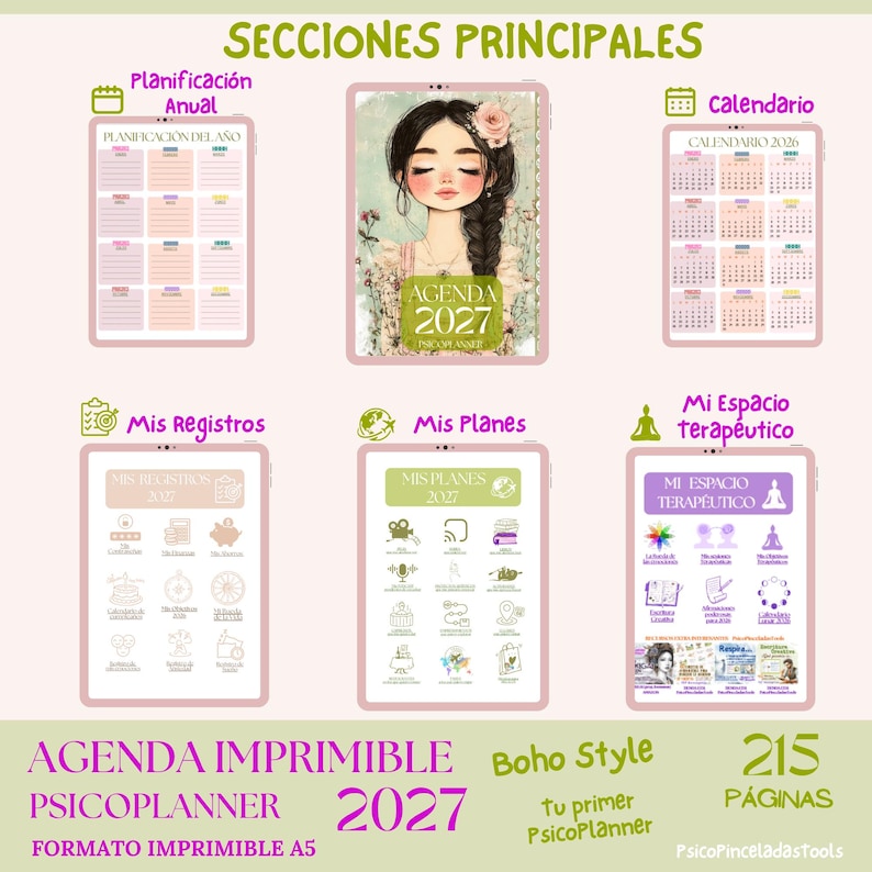 May include: A digital planner set titled PsicoPlanner 2027 featuring an illustrated cover with a person, annual planning pages, a 2026 calendar, and sections for records, plans, and therapeutic space with various icons and text labels.