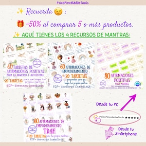 May include: A digital collection of printable affirmation cards featuring four sets of cards with illustrations and text in Spanish, including themes of anxiety, self-esteem, empowerment, and ADHD, with promotional text and icons.