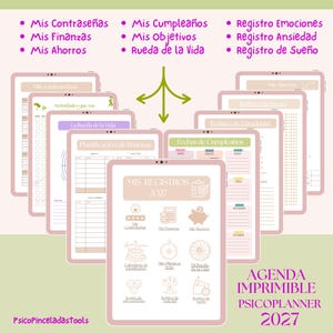 May include: A digital planner set titled Mis Registros 2027 featuring various templates for passwords, finances, savings, birthdays, goals, life wheel, emotions, anxiety, and sleep tracking, displayed on multiple tablet-style screens.
