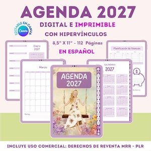 May include: A 2027 digital planner measuring 8.5" x 11" with 112 pages, featuring purple accents, hyperlinks, and Spanish text. The cover displays an illustration of a person on a swing in a floral field. Includes monthly calendars and financial planning pages.
