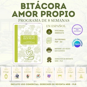 Op de afbeelding: Een digitaal zelfliefde-dagboek getiteld Bitácora Amor Propio, een 8-weken programma in het Spaans. De omslag heeft een bloemenpatroon en een icoon van een zittende figuur. Bevat iconen voor directe download, 56 A4-pagina's en printen.