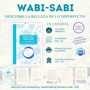 Könnte beinhalten: Eine digitale Wabi-Sabi-Journal-Vorlage auf Spanisch mit floralem Einband, blauem Buchrücken und kreisförmiger Pinselstrich-Grafik. Das Set enthält 41 A4-PDF-Seiten, in Canva bearbeitbare Dateien und kommerzielle Wiederverkaufsrechte.