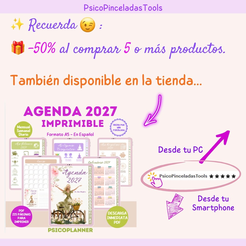 May include: A digital 2027 printable planner in A5 format titled Agenda 2027 Imprimible. The set includes various page layouts with floral illustrations, a bicycle graphic, monthly calendars, and daily planning sections in a soft color palette.